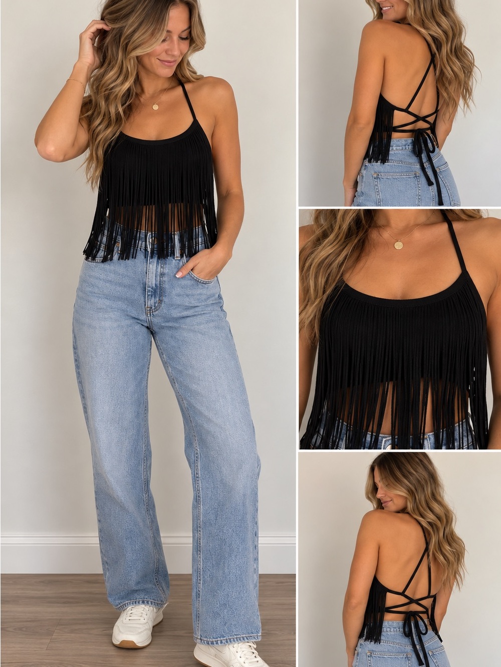 H&M Black Fringe Lace-Up Crop Camisole